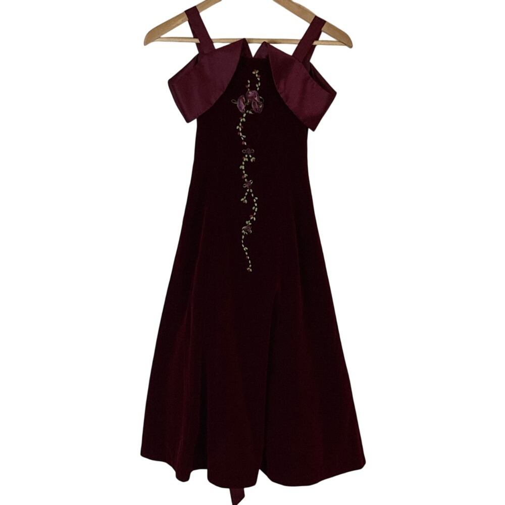 Jayne Copeland‎ Girl Elegant Burgundy Velvet Dress Floral Embroidery Size 12